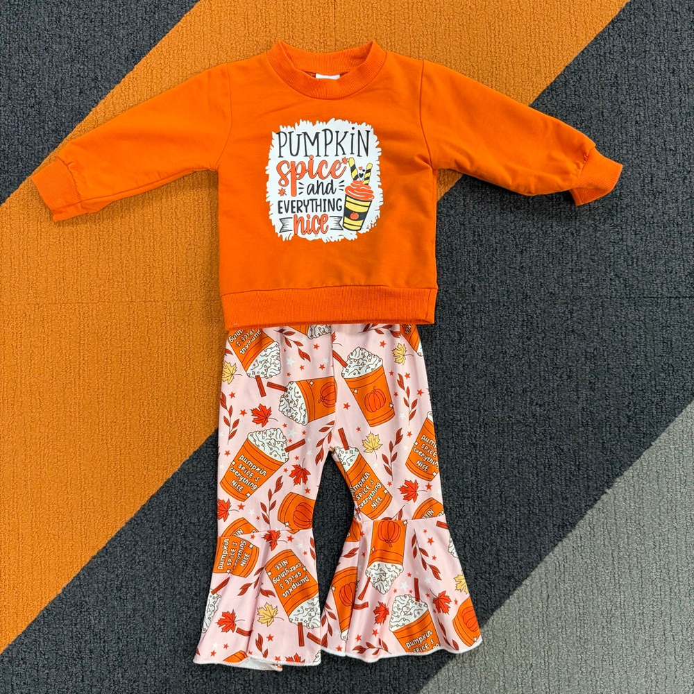 Baby Girl Matching Set Sweatshirt Bell Bottoms Fall Pumpkin Spice 6-12 Months